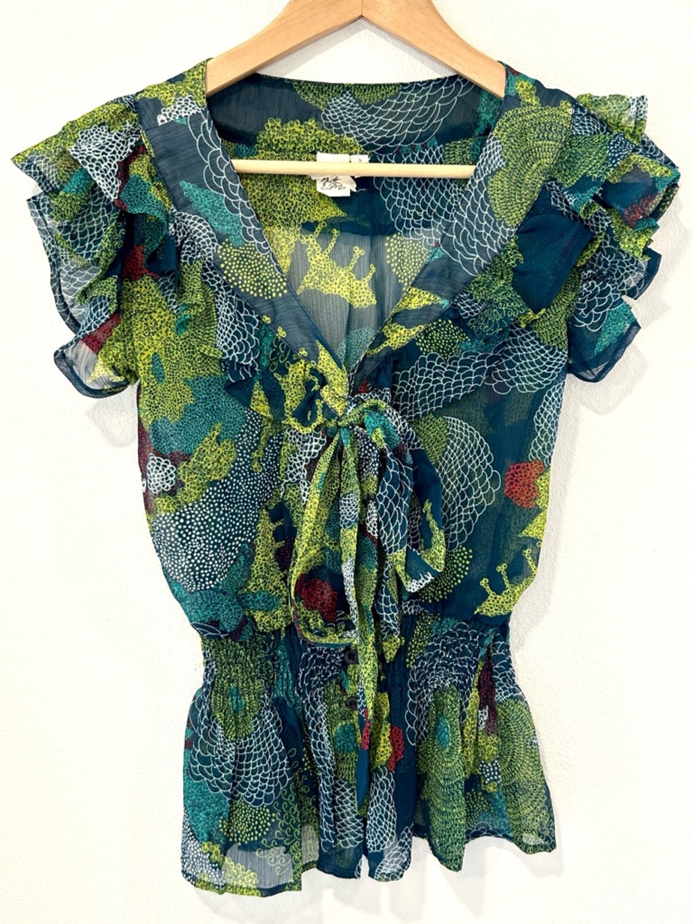 Nick & Mo Sheer Floral Peplum Top Feminine Ruffle Preppy Boho Abstract Size S